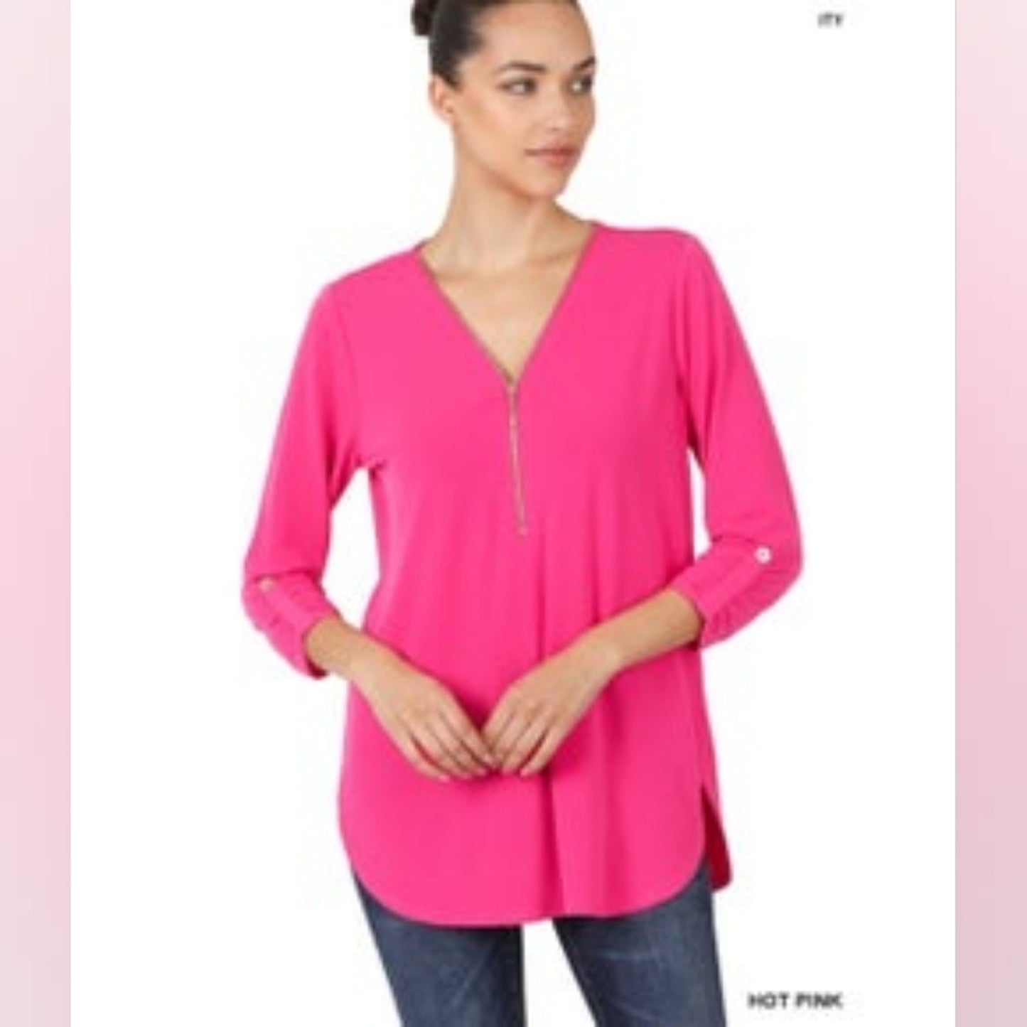 Zenana 3/4 Sleeve Hot Pink Blouse Top with Front Zipper Casual Professional NEW