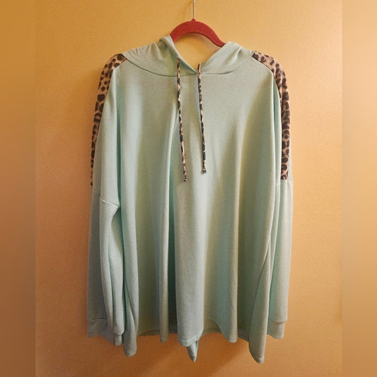 Heimish Mint Green Blue Sweatshirt Hoodie With Leopard Accents NWT 3X Light