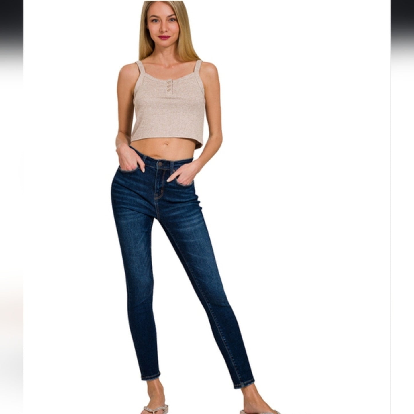 Front half-button cropped cami tank top Zenana NEW black