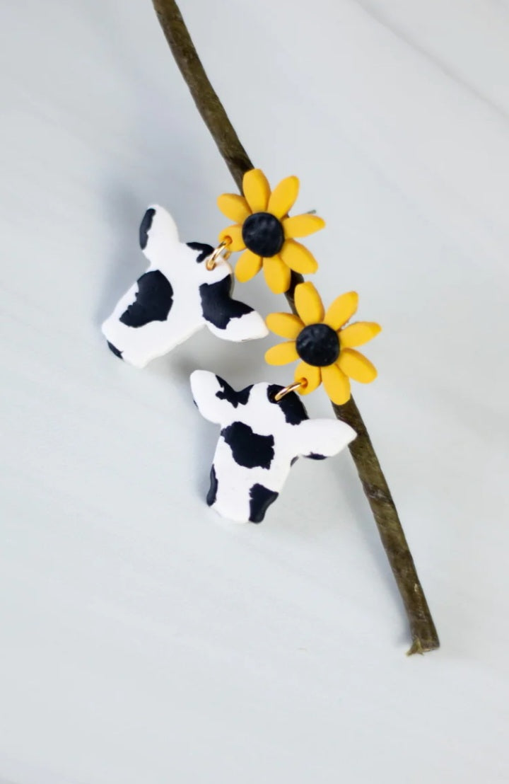 Sunflower Stud Cow Dangle Earrings