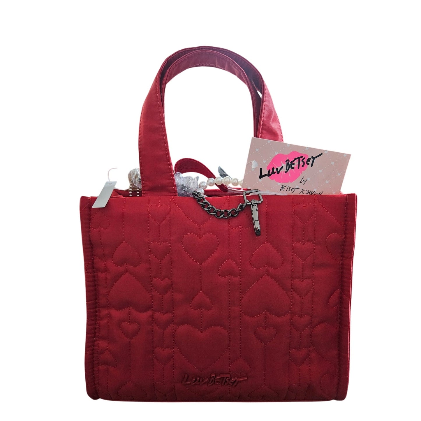 Luv Betsey by Betsey Johnson red quilted heart tote crossbody bag NWT BEAR PEARL