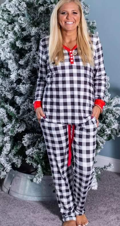 Shirley and Stone Checkered pajama set with red trim!