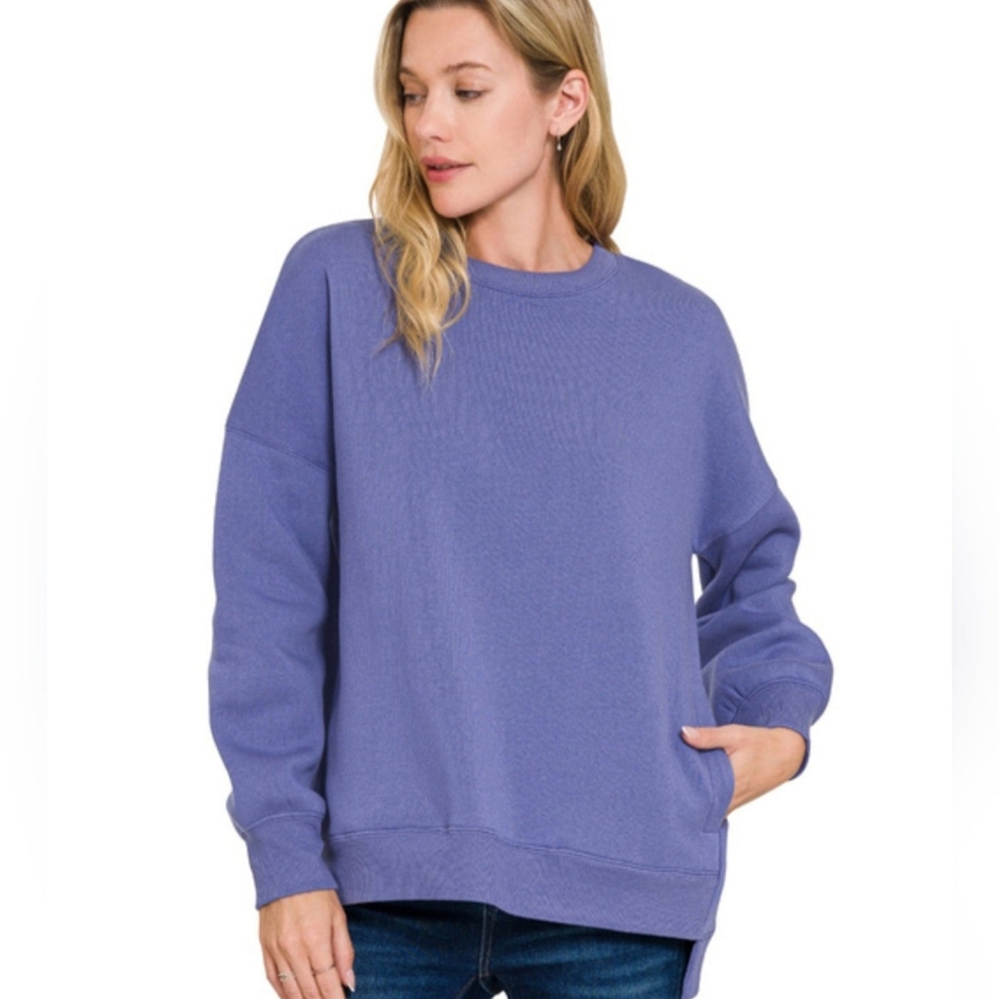 Fleece hi-low boyfriend sweatshirts with pocket Zenana