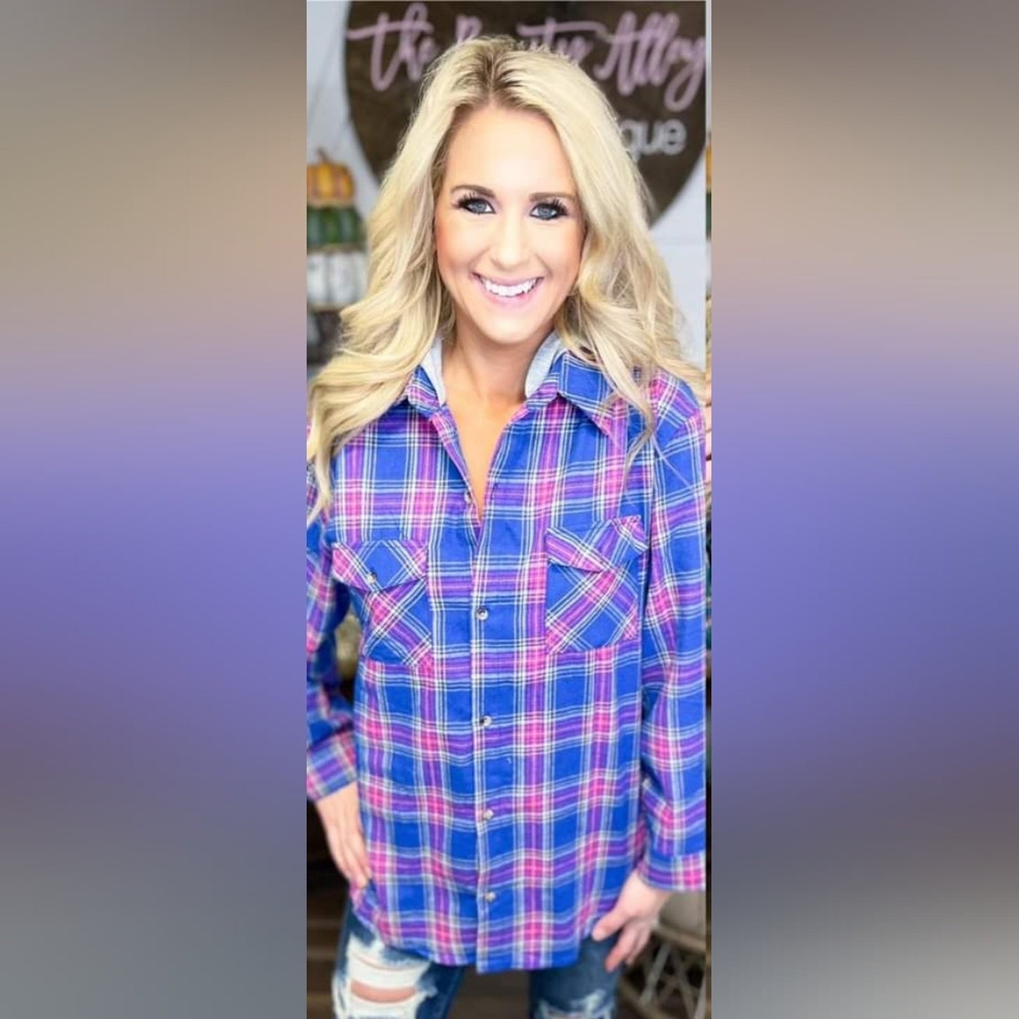 Shirley and Stone Plaid shacket with hoodie long sleeve flannel top NEW