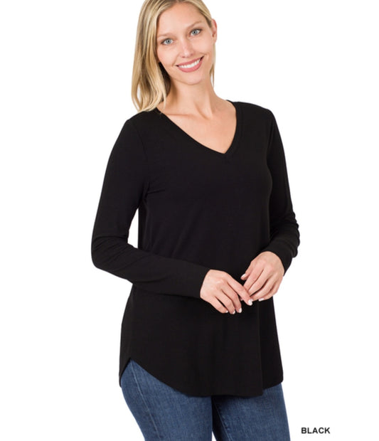 Zenana long sleeve v-neck round hem top!