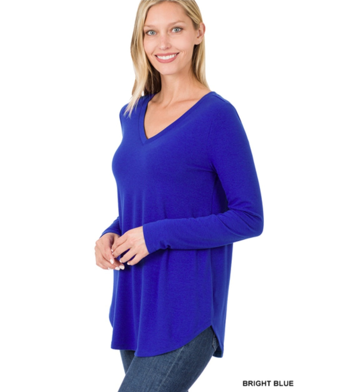 Zenana long sleeve v-neck round hem top!