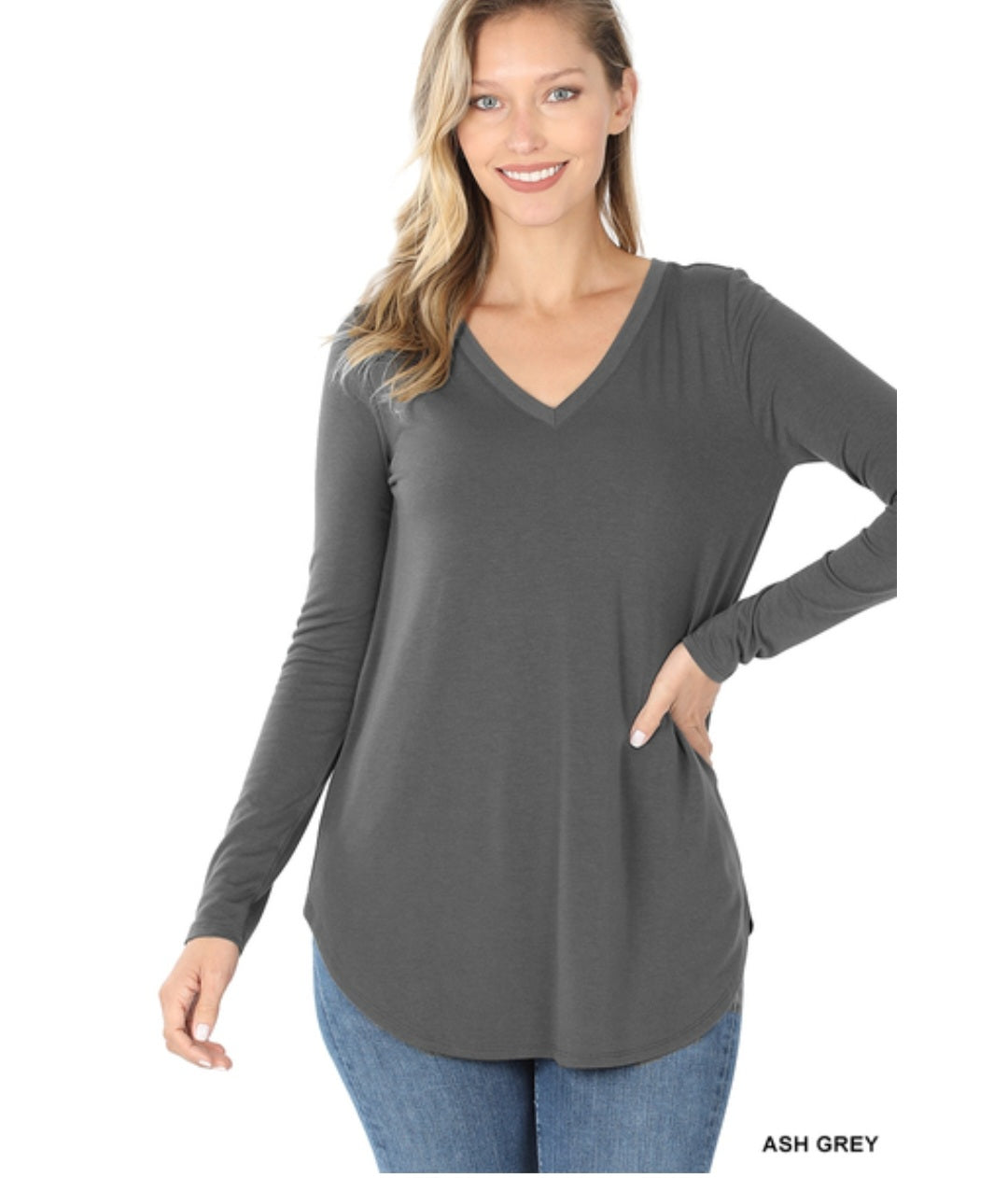 Zenana long sleeve v-neck round hem top!