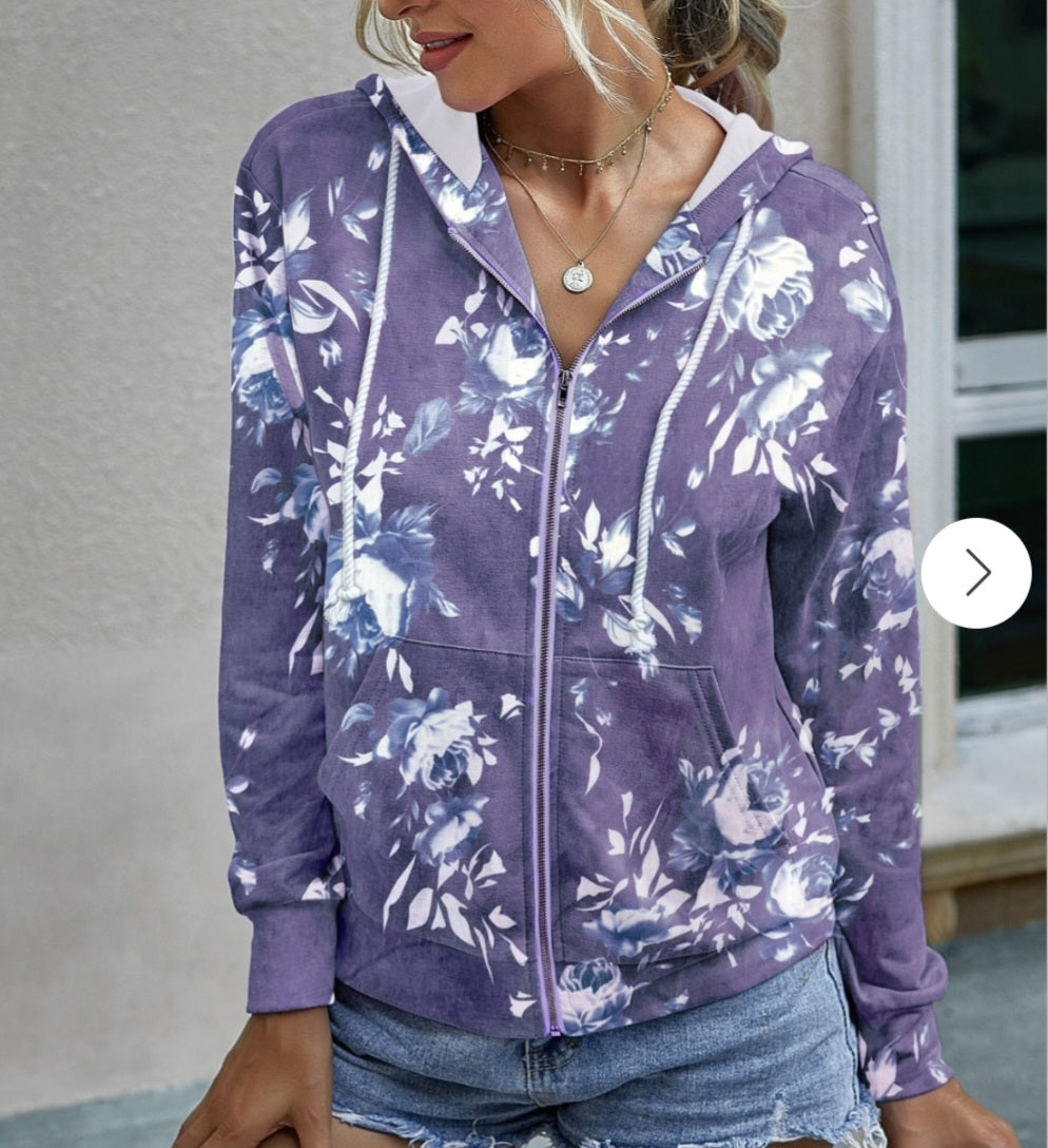 Prple Floral Hoodie with full zipper